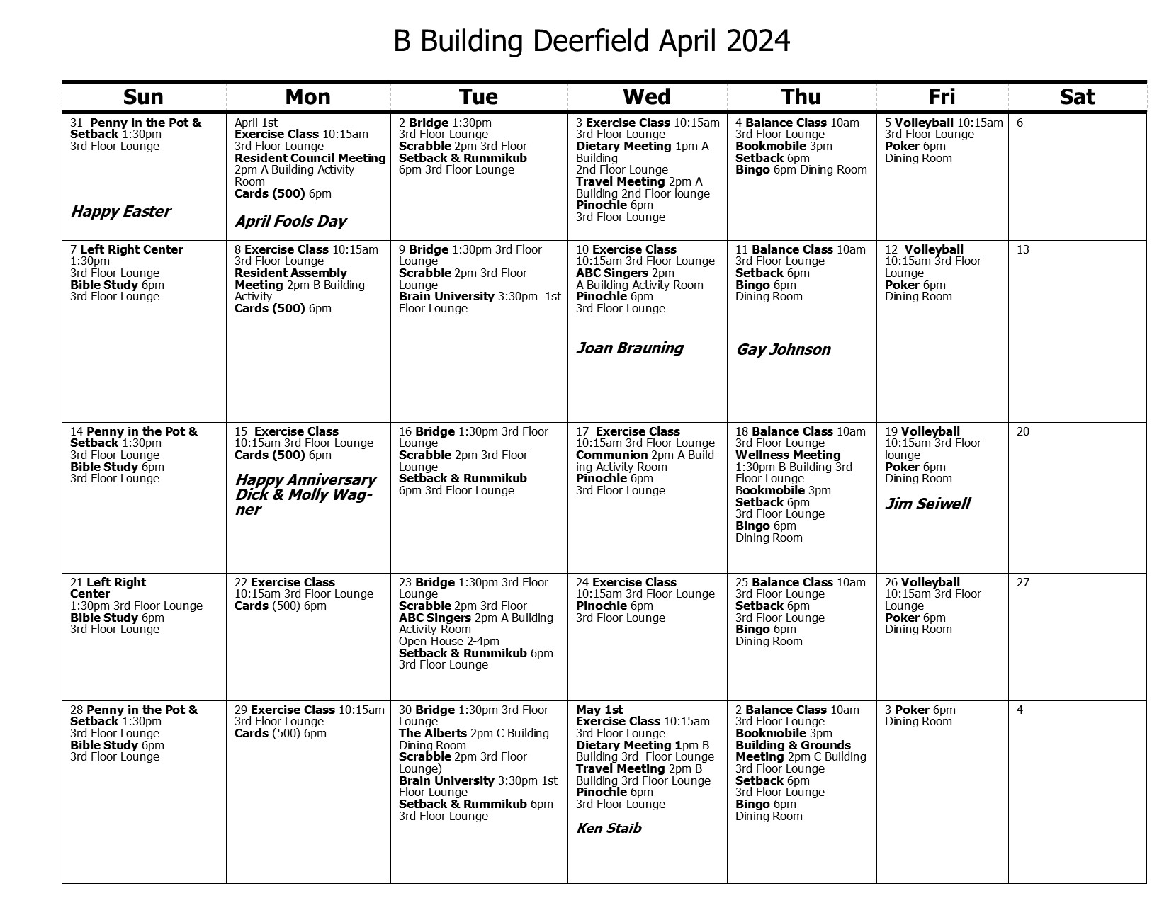 B Building Calendar April 2024