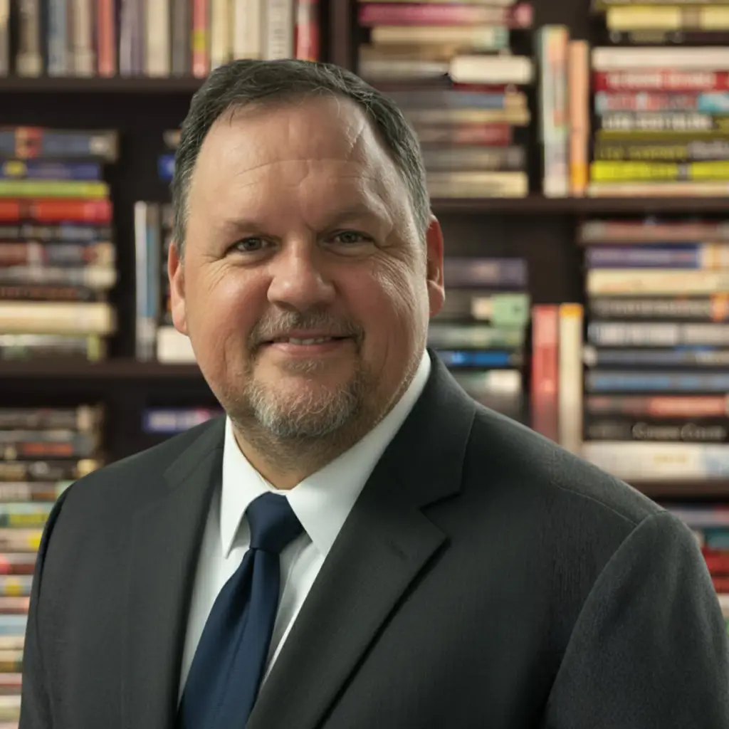 Partial portrait of a man in a dark suit and blue tie, with bookshelves blurred in the background.